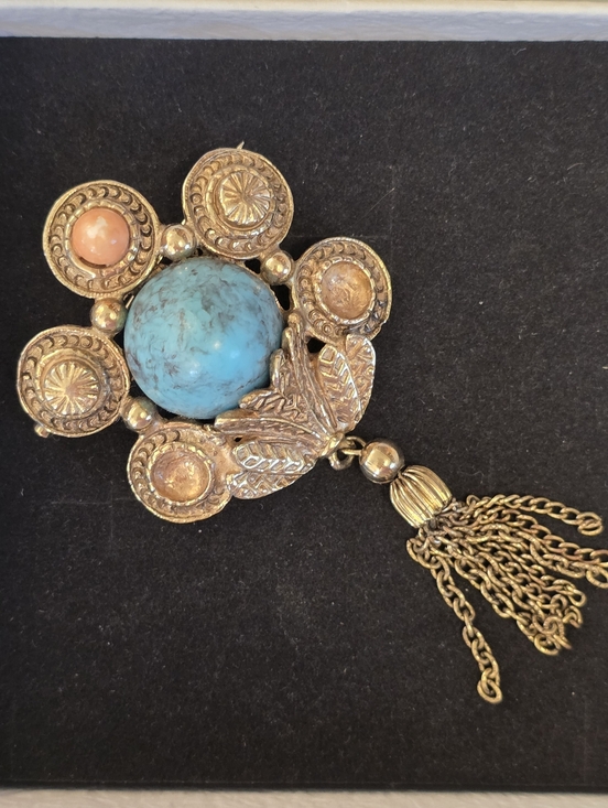 Vintage Brooch Jewelry - Vtg Art Deco Victorian Faux Turquoise Coral Chain Gold-Tone Tassel Brooch READ